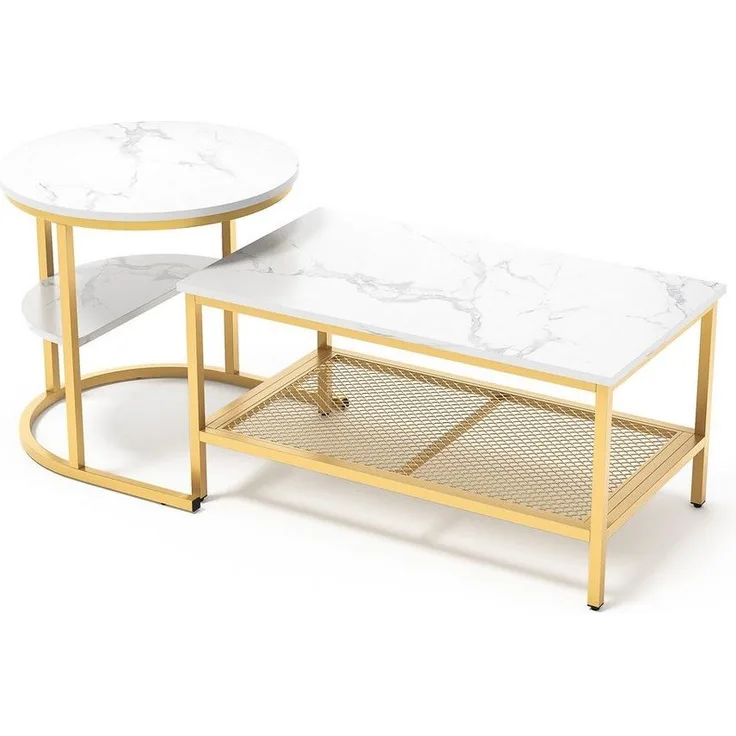 FUROKOY Couchtisch Beistelltisch Sofatisch wohnzimmertisch kaffeetisch 2er set (Runder Tisch Oval), Modern design Couchtisch mit Schwarz beinen,Marmoroptik,Schwarz + Weiß