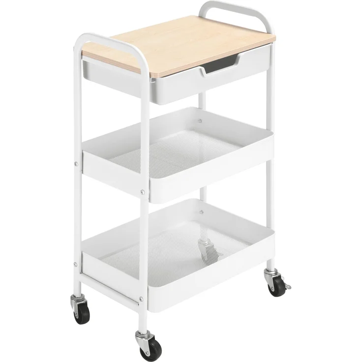 Rollbarer Küchenwagen, 2 Regale, Schublade, Ablage, 4 Rollen, Griffe, Stahl, Weiß--Weiß--43.9x30.5x75.6cm--YOUDENOVA – Bild 2