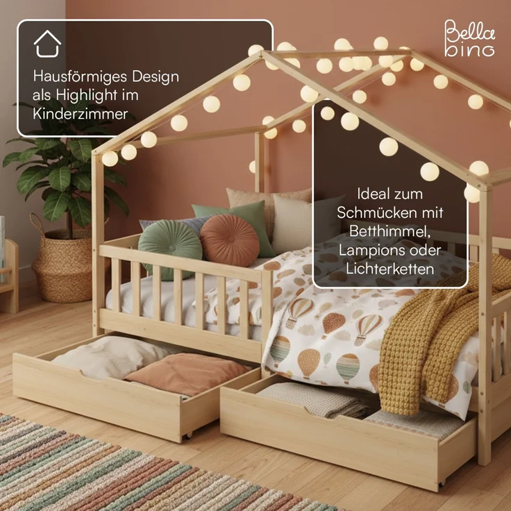 Bellabino 'Bia' Hausbett 140x200 cm mit 2 Schubladen, natur, Kiefer Massivholz, Montessori Kinderbett mit Stauraum, inkl. Rausfallschutz und Lattenrost – Bild 7