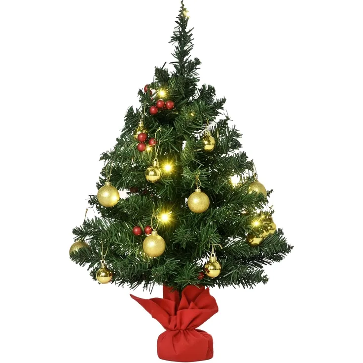 HOMCOM Künstlicher Weihnachtsbaum Mini Weihnachtsbaum mit Weihnachtskugeln, LED-Lichtern, roten Beeren, Tannen, 40 x 60 cm (BxH), grün, rot, gold
