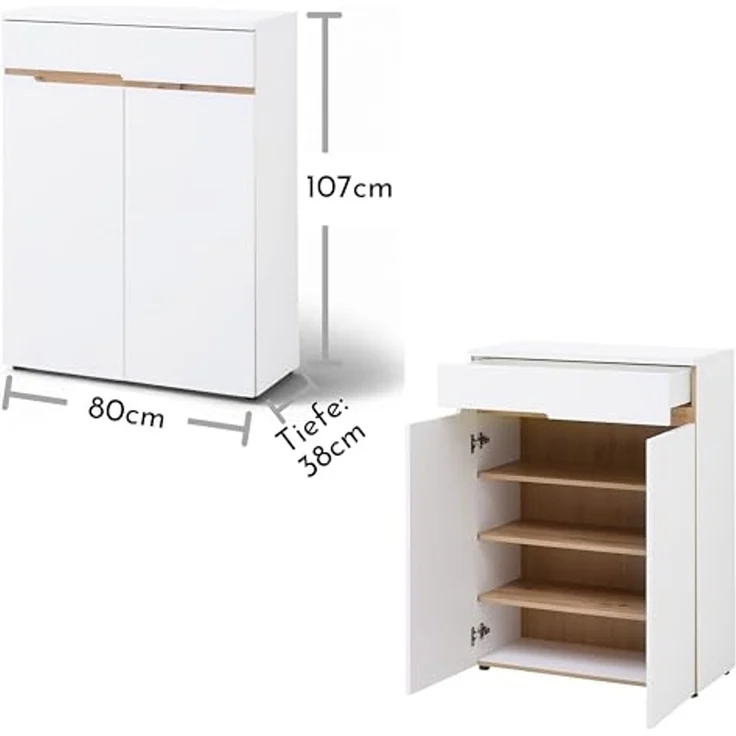 Memphis Schuhschrank in Weiß, Artisan Eiche Optik - Schuhregal mit viel Stauraum für Ihre Schuhe - 80 x 107 x 38 cm (B/H/T) – Bild 3