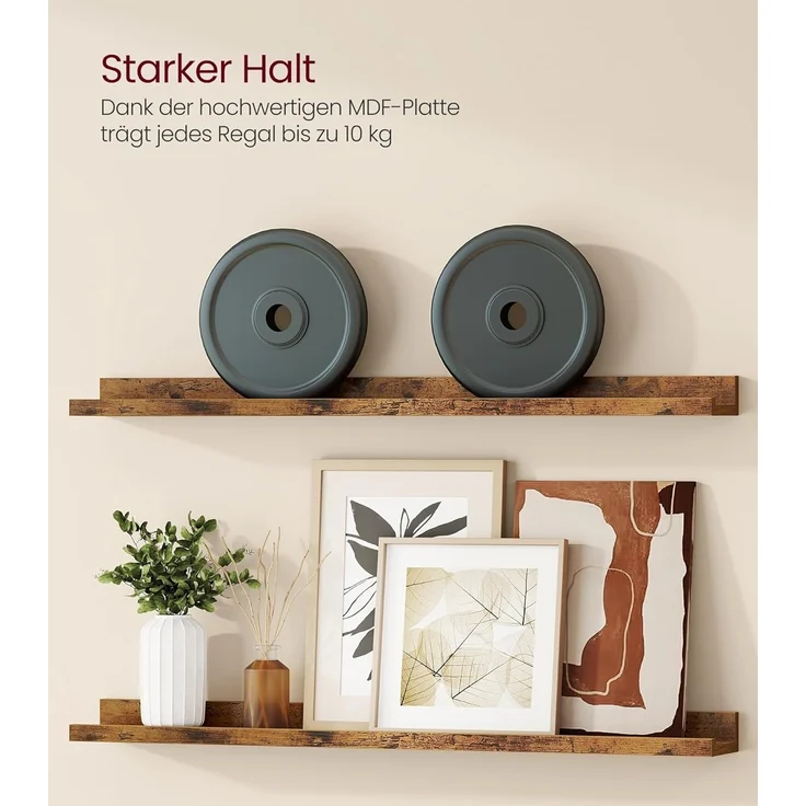 VASAGLE Wandregale, 2er Set, Schweberegale, Breite 80 cm, erhöhte Vorderkante, für Bilderrahmen, Dekoartikel, Gewürzgläser, für Küche, Wohnzimmer, vintagebraun – Bild 4
