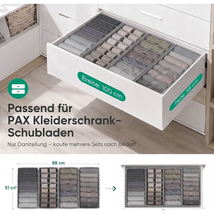 Sekey Aufbewahrungsbox Aufbewahrungsboxen für Schubladen Faltbare Stoffboxen aus Vliesstoff mit Längsfächer 22 x 51 x 11 cm 8 Stück – Bild 8