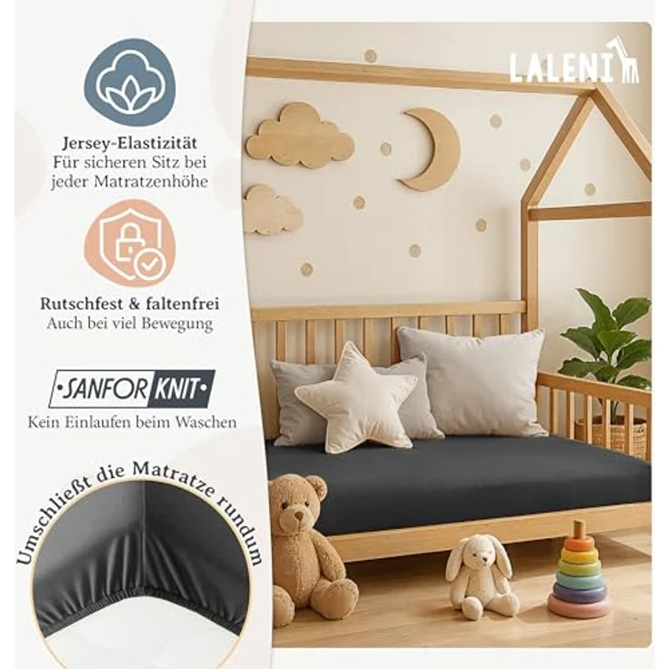 Laleni Jersey Spannbettlaken 80x160 cm Babybett - Oeko-TEX zertifiziertes Hausbett Spannbettlaken - Kinder Hausbett Bezug aus 100% Baumwolle - Spannbettlaken Hausbett - für Babynest in Anthrazit – Bild 5