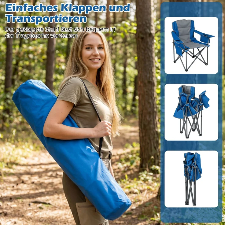 Übergroßer Campingstuhl Tragbarer Klappstuhl mit Reißverschluss-Kühltasche & Getränkehalter Marineblau SH1367 – Bild 4