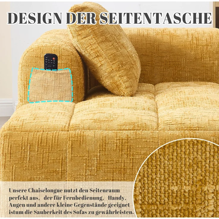 Chaiselongue-Sofa aus Chenille mit Seitentaschen & Kissen, 158x90x60 cm, Gelb – Bild 8