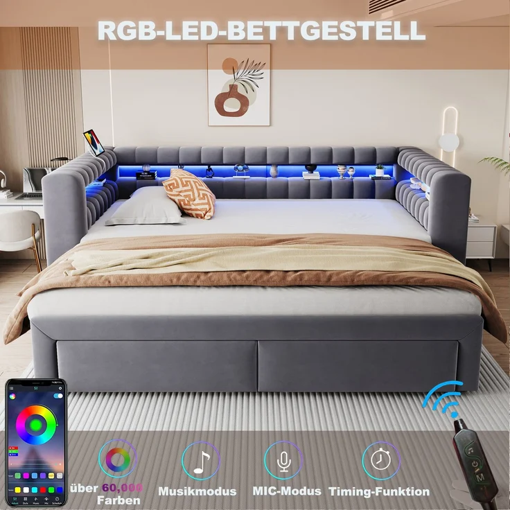 Ausziehbett 90/180×190 cm mit Bettkasten, LED, USB-Anschluss, Grau, ohne Matratze – Bild 6