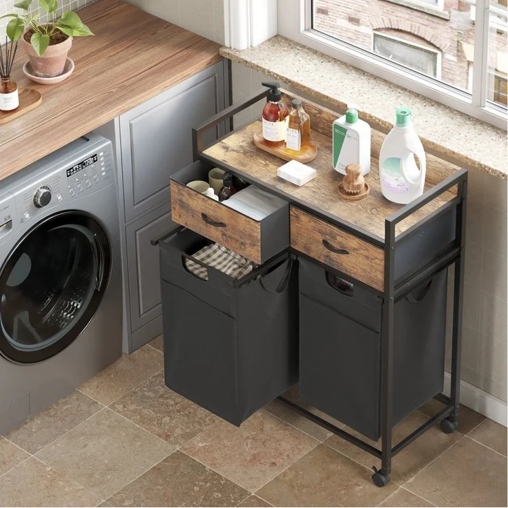 Mondeer Wäschekorb Metallgestell Wäschesammler (2 St, 2 x 50 L), mit 2 abgetrennten Säcken & 2 Schubladen, mit Rollen & Netztaschen – Bild 1