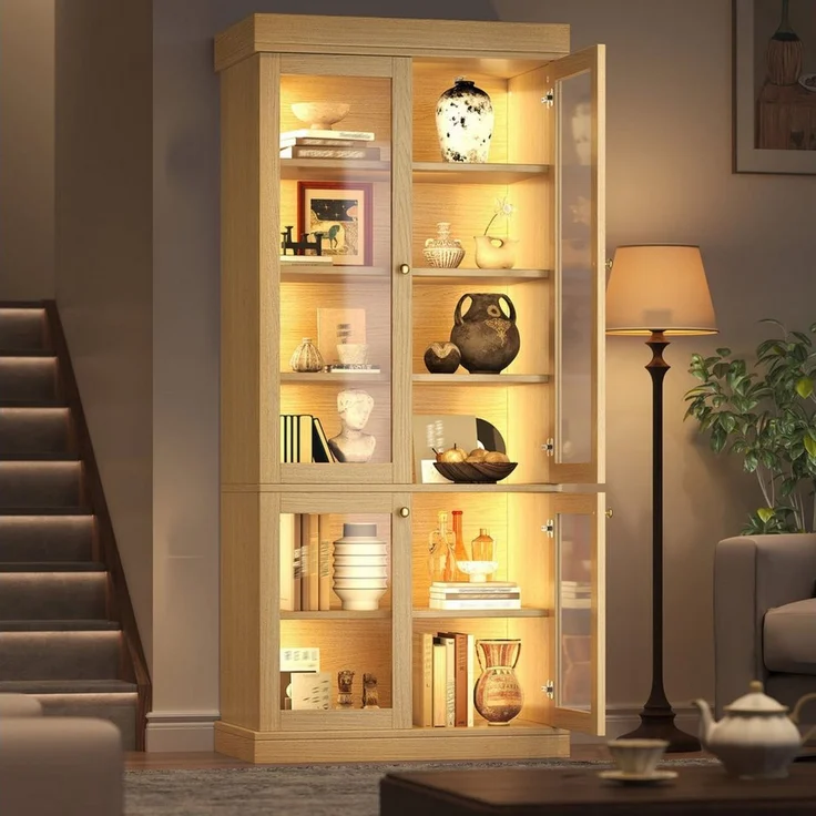Odikalo Vitrine Vitrineschrank Glasvitrine mit LED (durchdachter Innenaufteilung und Kippschutz, stabil, sicher und vielseitig für Zuhause) 80×40×180cm – Bild 1