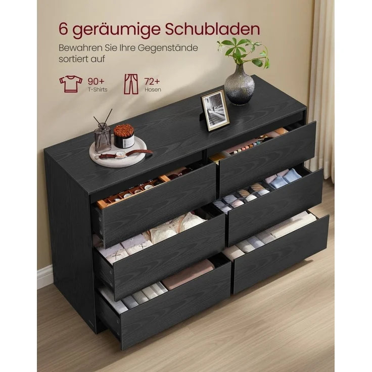 VASAGLE Kailyn Kollektion - Kommode mit 6 Schubladen, Aufbewahrungsschrank, Wäschekommode, für Schlafzimmer, 40 x 119,4 x 75 cm, modern, ebenholzschwarz – Bild 2