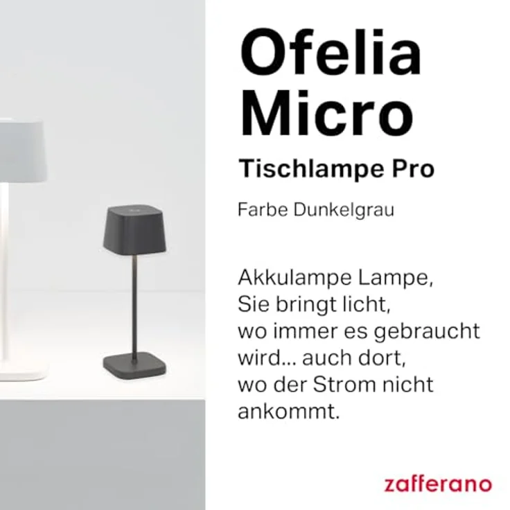 Zafferano, Ofelia Micro Lampe, Kabellose, Wiederaufladbare Tischlampe mit Touch Control, Auch für den Außenbereich Geeignet, Dimmer, 2200-3000 K, Höhe 20 cm, Farbe Dunkelgrau – Bild 3