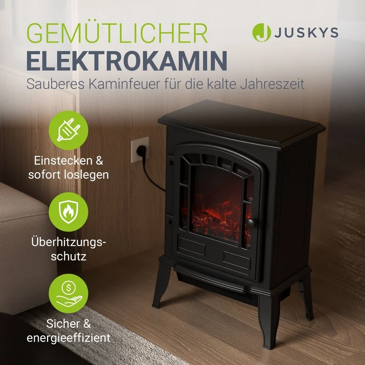 Juskys Elektrokamin 2000 W – Schwarz, elektrischer Standkamin mit Flammeneffekt, Heizfunktion, 2 Heizstufen, Thermostat & Sicherheitsabschaltung – Bild 2
