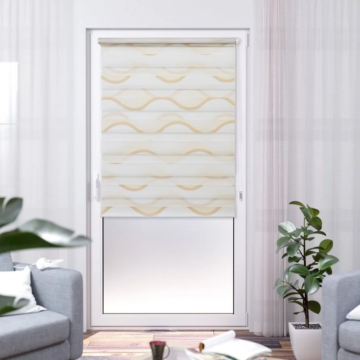 Doppelrollo Wellen Design, K-HOME, Lichtschutz, ohne Bohren, freihängend, Klemmfix, Bedruckt mit Muster – Bild 1
