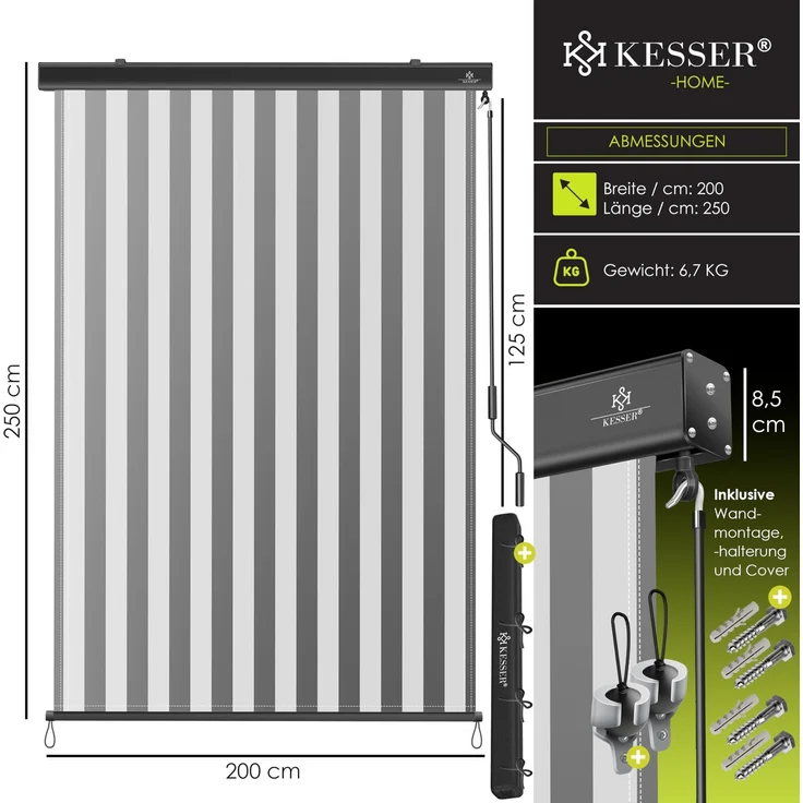 KESSER® Senkrechtmarkise Außenrollo Handkurbelmechanismus Balkonrollo Sonnen & Sichtschutz Beschattung Sonnenschutz Außen Rollo mit Kurbel Markisenkasten Balkon & Terrasse Inkl. Montageset & Abdeckung Grau / Weiß, 200 x 250cm – Bild 7