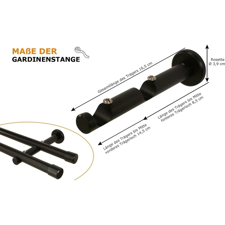 iso-design Gardinenstange 20 mm 2-läufig Schwarz aus Metall zur Wandmontage mit Endstück Kappe, Ø 20 mm, 2-läufig, Fixmaß, mit Bohren, verschraubt, Metall, Gardinenstange aus Aluminium – Bild 3
