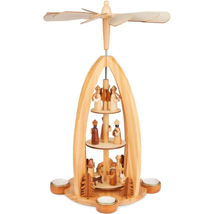 BRUBAKER Weihnachtspyramide Teelichtpyramide für Weihnachten - Pyramide für 4x Pyramiden-Teelicht, 44 cm Weihnachtspyramide aus Holz - Tischpyramide Krippenspiel – Bild 1