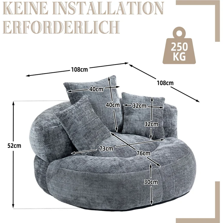 Lazy Sofa Durable Komfort Lounger hohen Rücken Sitzsack Stuhl Couch mit drei Kissen für Erwachsene und Kinder, Indoor & Outdoor, Single Gaming Sofa Stuhl für Schlafzimmer, Büro (Gray Chenille)--Grau--108x108x52cm--YOUDENOVA – Bild 7