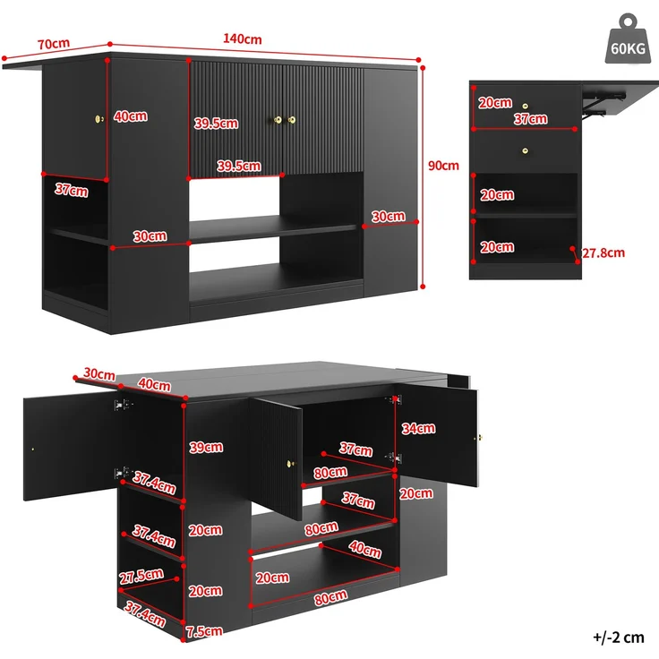 Kücheninsel 140 x 40 x 90 cm mit Schubladen, Regalen & klappbarer Tischplatte – Multifunktionale Kücheninsel,Schwarz – Bild 10