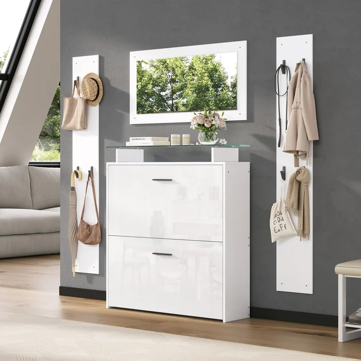 89.5*23*96.5cm Garderoben-Set 4-teilig mit Spiegel,2 Hutablage und Hochglanz Schuhschrank. Flur Garderobenständer Kleiderständer Set,Flurgarderoben Set,Kompaktgarderobe mit 8 Kleiderhaken,Weiß--Weiß--89.5x23x96.5cm--YOUDENOVA – Bild 2