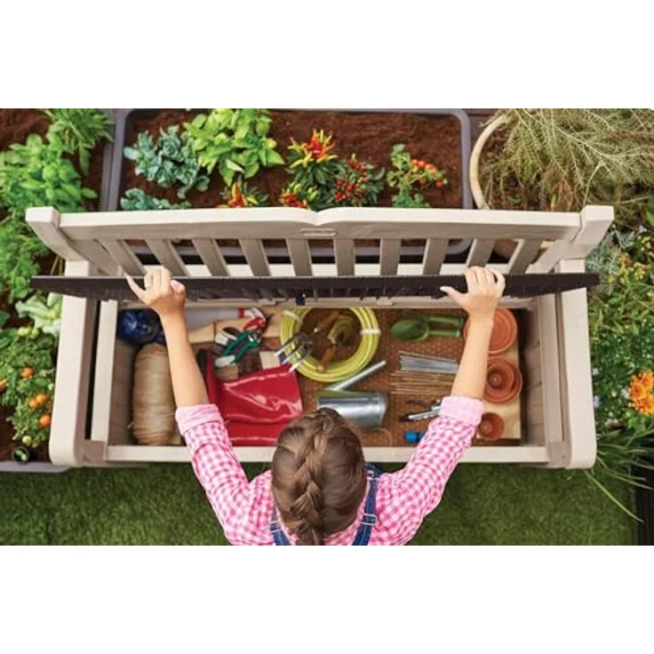 Keter Sitzbank Eden für Balkon und Garten, Gartenbank mit integrierter Kissenbox mit 265 l Stauraum, 140 x 60 x 84 cm, wetterfest, pflegeleicht, beige, Outdoor, Holzoptik – Bild 9