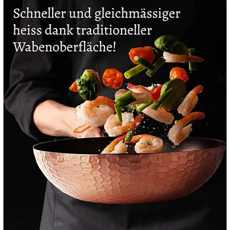 KVOTA Wok Pfanne abnehmbarer Holzoptik-Griff Deckel Ø32cm Antihaft Groß 4,7L, Aluminium, Außenseite mit temperaturbeständiger Beschichtung – Bild 3