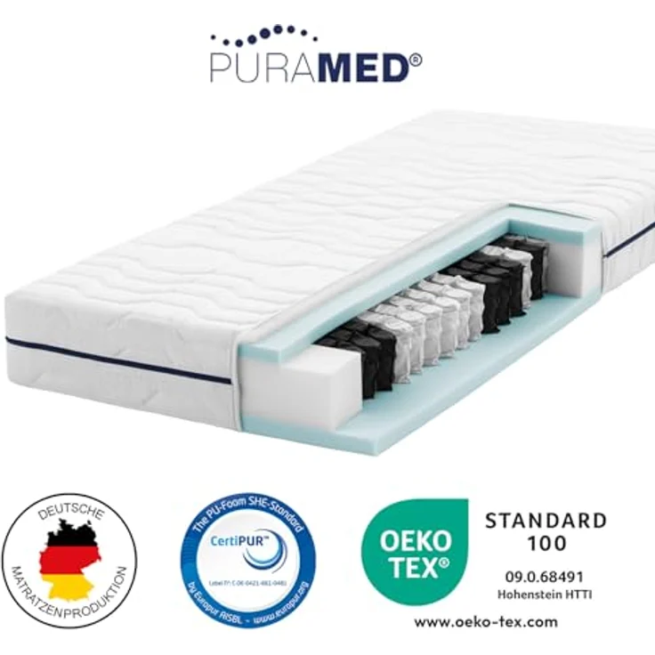 PURAMED Taschenfederkernmatratze 90x200 cm | Härtegrad H3 | Höhe 20 cm | ergonomische 7-Zonen Matratze | waschbarer Mikrofaser-Bezug | Oeko-TEX® & CertiPUR Zertifiziert | produziert in Deutschland – Bild 3