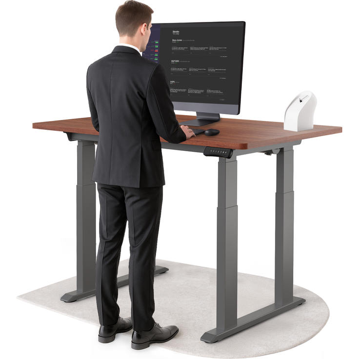 DESKSPACE Höhenverstellbarer Schreibtisch elektrisch mit leisem Dual-Motor – stabiles 4-Bein-Gestell (Grau Gestell, Mahagoni Tischplatte, 140×70 cm)