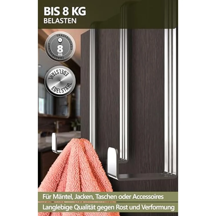 4smile Türhaken zum Einhängen, 4er Set - Edelstahl Kleiderhaken für Tür oder Schrank, vielseitige Haken zum Einhängen - Türgarderobe mit hoher Tragkraft, stabile Türhakenleiste – Bild 6