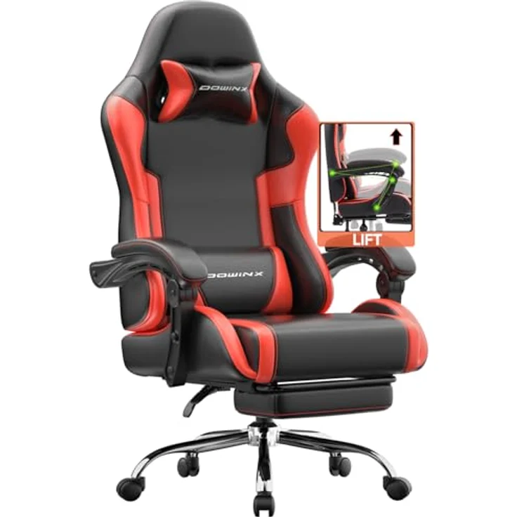 Dowinx Gaming Stuhl Bürostuhl Massage Gaming Sessel mit höhenverstellbaren Linkage-Armlehnen, ergonomischer Gamer Stuhl mit Fußstütze, gepolstert Gaming Chair 150° neigbar bis 180 kg, Rot – Bild 2