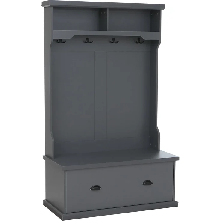 Garderobe HWC-P27, Flurgarderobe Holzgarderobe Sitzbank, 4 Haken Staufach Ablage Melamin 163x100x47cm ~ dunkelgrau – Bild 9