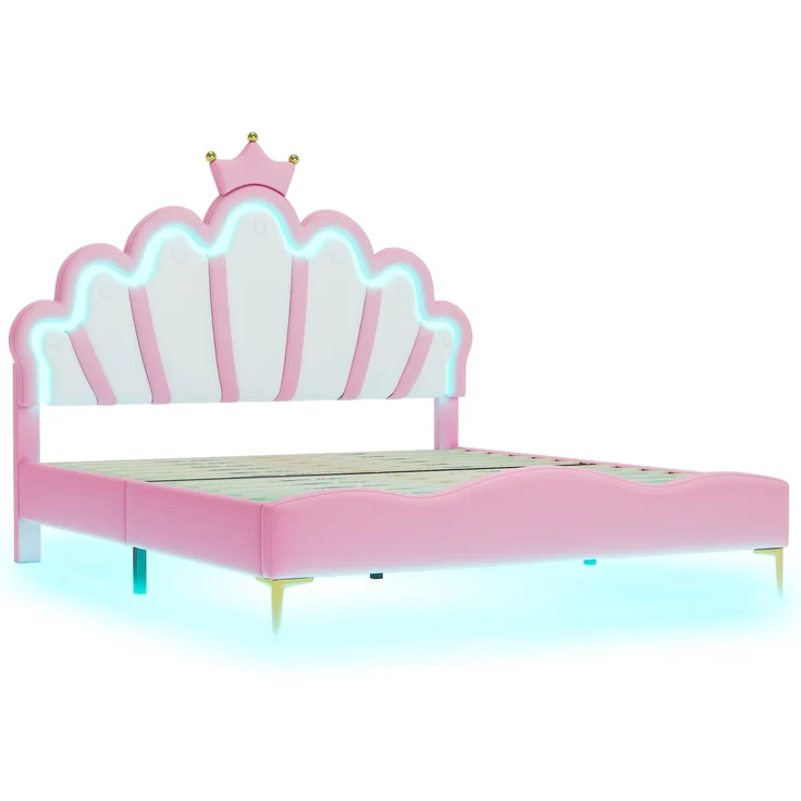140*200cm Flaches Doppelbett, kronenförmiges Prinzessinnenbett, weiche Polsterung aus PU-Leder, verstellbarer LED-Umgebungslichtstreifen,Rosa – Bild 8