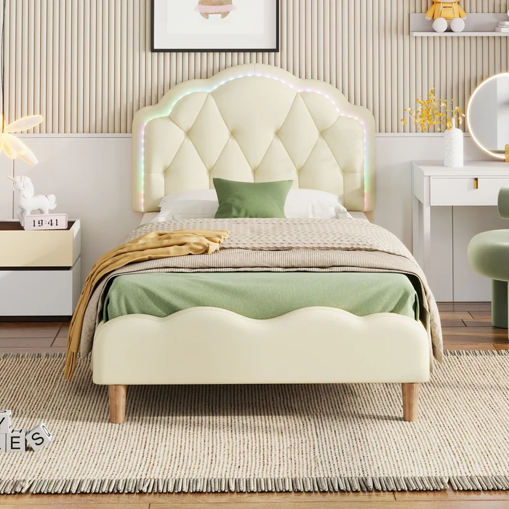 U-life Polsterbett 90x200 cm, Einzelbett und Kinderbett, mit wellenförmigem Kopfteil, LED-Lichtleiste und PU-Bezug, Beige – Bild 3