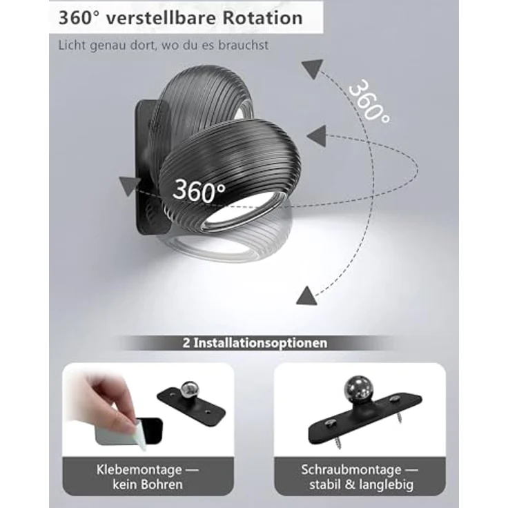 LuminexDesigns 2er Set Akku Wandleuchte Innen LED Kabellos Wandlampe Magnetisch, 360° drehbare USB Ladefunktion, Touch Dimmbar – Moderne LED Wandlampe für Wohnzimmer, Schlafzimmer, Flur Schwarz – Bild 7