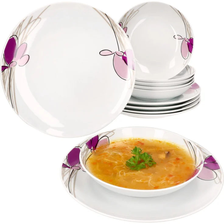 12tlg Tafelservice Viola Porzellan 6 Personen Speiseteller Suppenteller Blumen – Bild 1