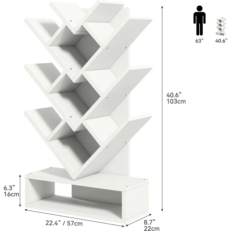 YITAHOME Baum-Bücherregal, Bodenstehendes Standregal, Industrielle Holzregale, Hohe Aufbewahrungsmöglichkeit für Ausstellungsstücke, Lagerregal für Wohnzimmer, Home-Office, Weiß – Bild 2
