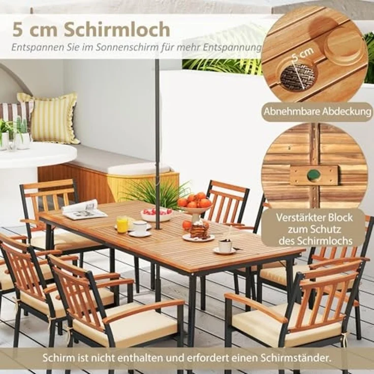 FANTASK Gartentisch mit Schirmloch, 200x90 cm, Esstisch aus Akazienholz für 8 Personen, Rechteckiger Balkontisch Wetterfester für Terrasse, Garten, Natur + Schwarz – Bild 3