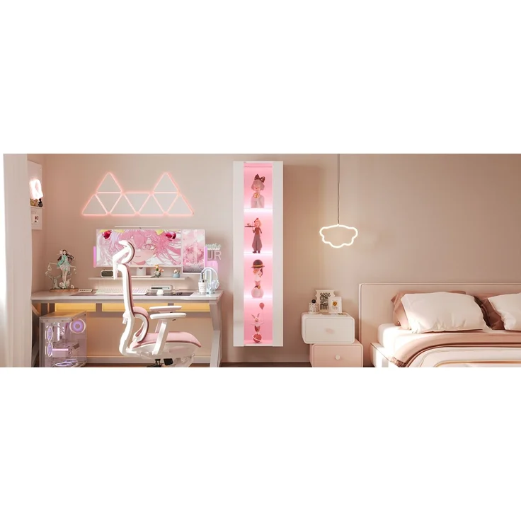 ZUBALIYA Vitrine, mit LED-Beleuchtung, mit App-Steuerung, mit Glasböden, wandmontierbar, H 170 × T 40 × B 29 cm, Weiß, Spanplatte – Bild 24