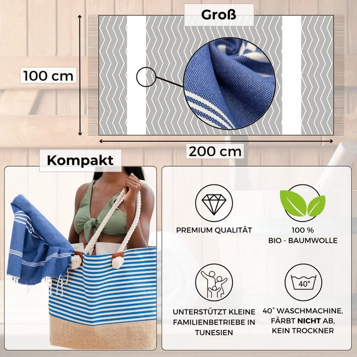 furora HOLIDAY Saunatuch Strandtuch Hamamtuch: groß 100x200 cm Saunatuch, Strandhandtuch dünn, Strandtuch Saunatuch aus 100% Baumwolle Strandtuch Set – Bild 2