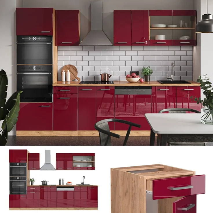 Küchenzeile R-Line Rot Hochglanz/Goldkraft Eiche 300 cm mit Hochschrank, AP Anthrazit Vicco – Bild 2