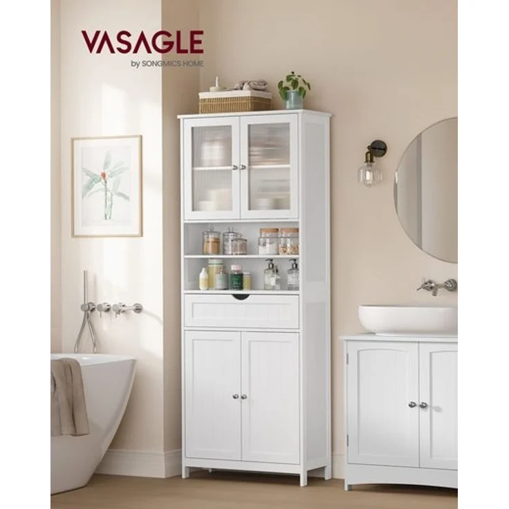 VASAGLE Badezimmerschrank, Badschrank, Aufbewahrungsschrank mit verstellbaren Ablagen, Schublade, offenen Fächern, für Badezimmer, Wohnzimmer, Esszimmer, wolkenweiß BBC768W01 – Bild 1