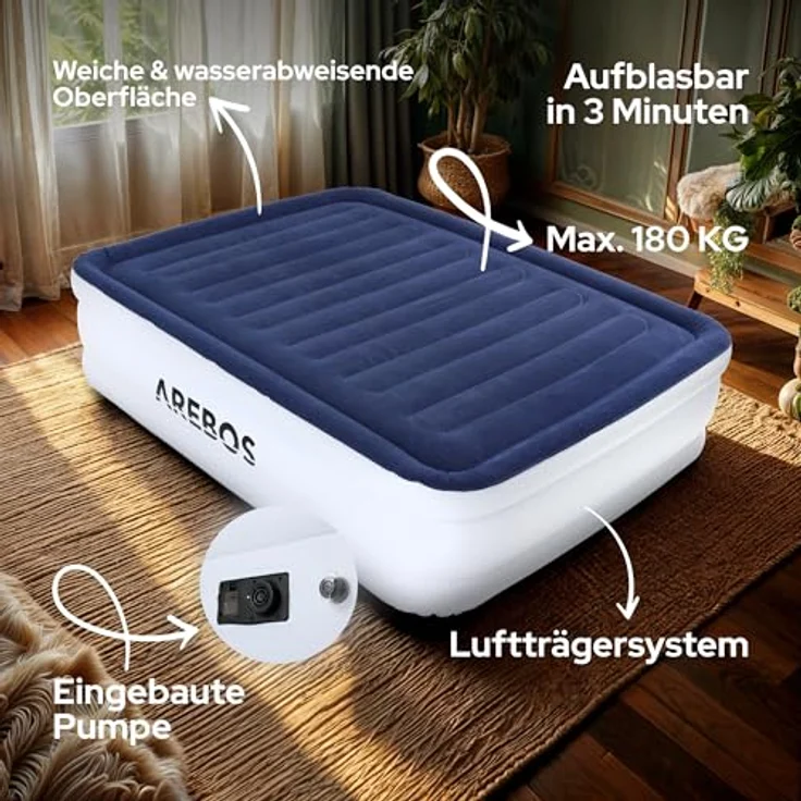 Arebos Luftbett, Selbstaufblasend mit Pumpe, Pumpe 2in1 Funktion: Inflation & Deflation, 203 x 152,5 x 51 cm – Bild 4