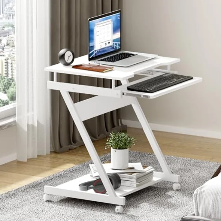 SogesHome Schreibtisch Klein Computertisch mit 4 Rollen 2 Davon mit Bremsen PC-Tisch in Z-Form mit Tastaturauszug für Zuhause und Büro, 60x48 cm – Bild 2