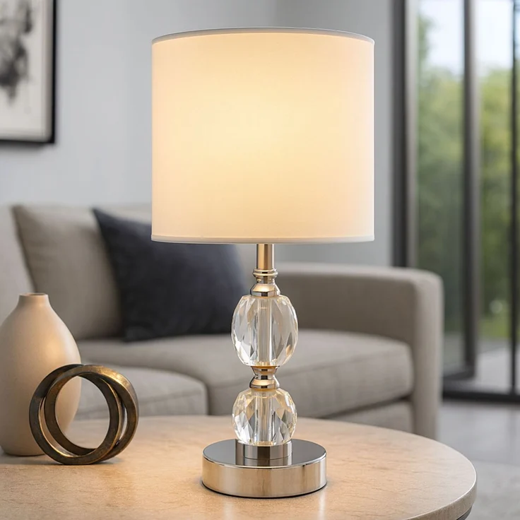 LED Tischleuchte, Kristallglas klar, Textil weiß – Bild 2