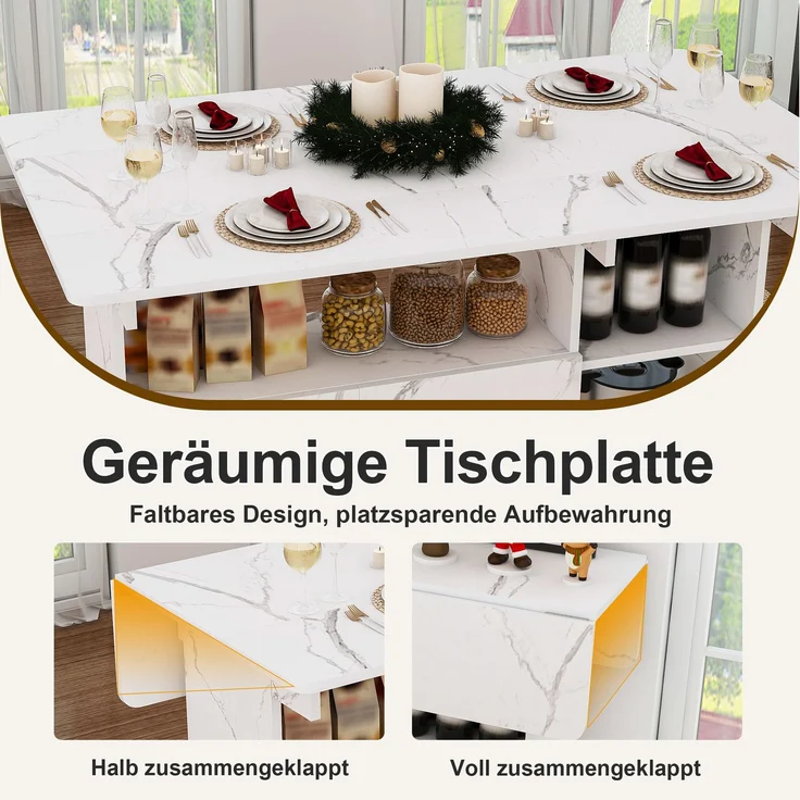 Flieks Mobile Kücheninsel 110x70x80 cm, klappbarer Küchentisch mit Rollen, Ablageböden & Stauraum, Esstisch und Sideboard, Weißes Marmormuster – Bild 9