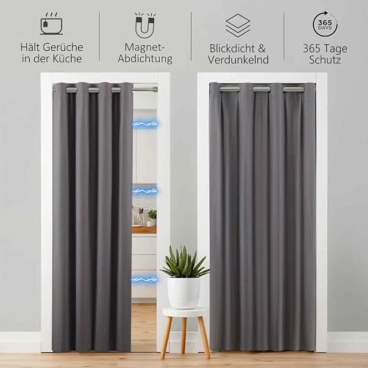 tinycurtains Türvorhang mit Stange silber 70-120 cm Thermo Vorhang ohne Bohren, mit Magneten, Ösen, abdunkelnd, Polyester, grau Nebula, Türgardine mit Klemmstange Raumtrenner verdunkelnd – Bild 6