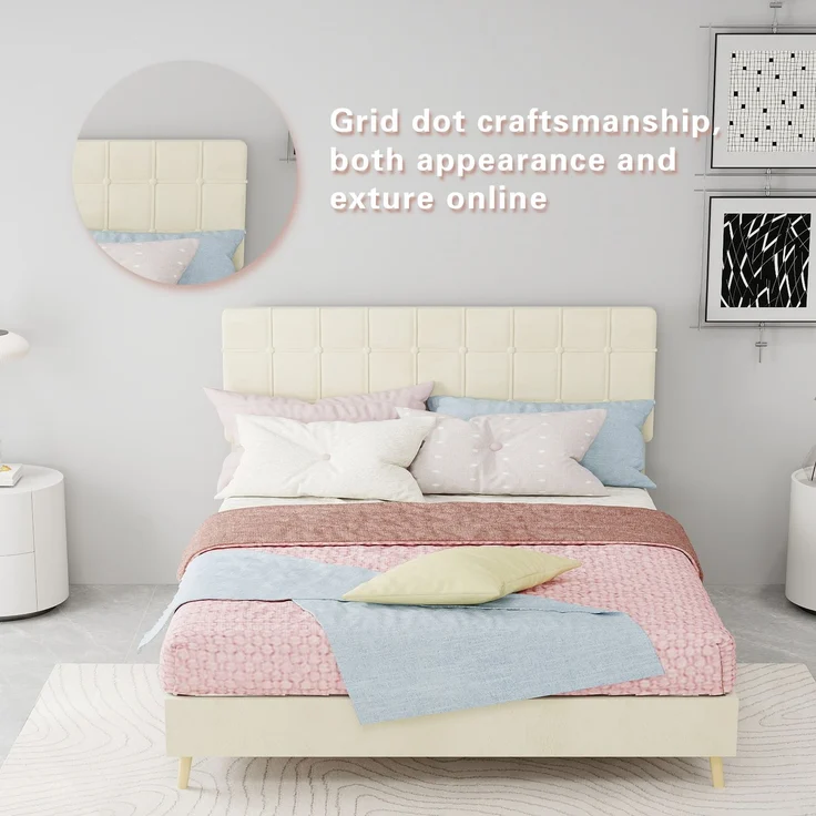 Novelux Polsterbett 140x200 cm mit Kariertem Kopfteil & Holzfüßen – Modernes Doppelbett aus Verschleißfestem Stoff, Massivholzrahmen, für Schlafzimmer, Beige – Bild 4