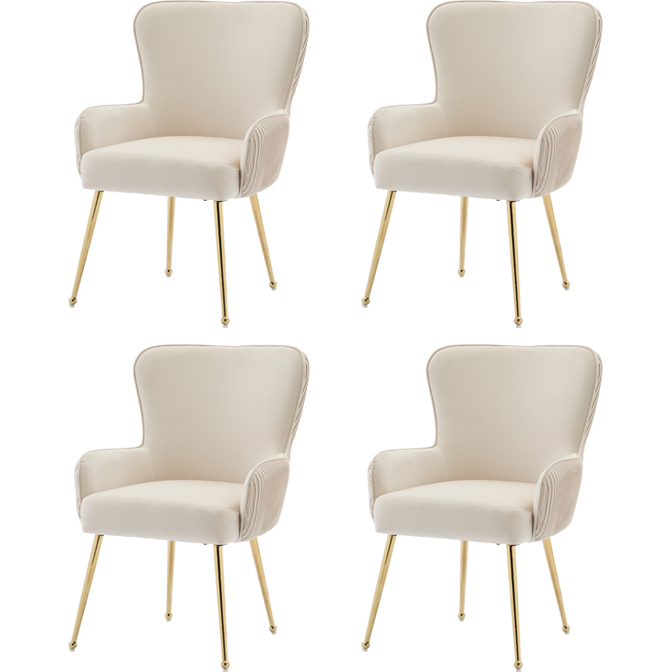 Merax Samt-Esszimmerstuhl, 4er-Set, Wohnzimmer, Schlafzimmer, Lounge-Stuhl mit vier Goldene Metallstützbeinen, Mit Armlehnen und verstellbaren Füßen, Lendenwirbelstütze, Beige
