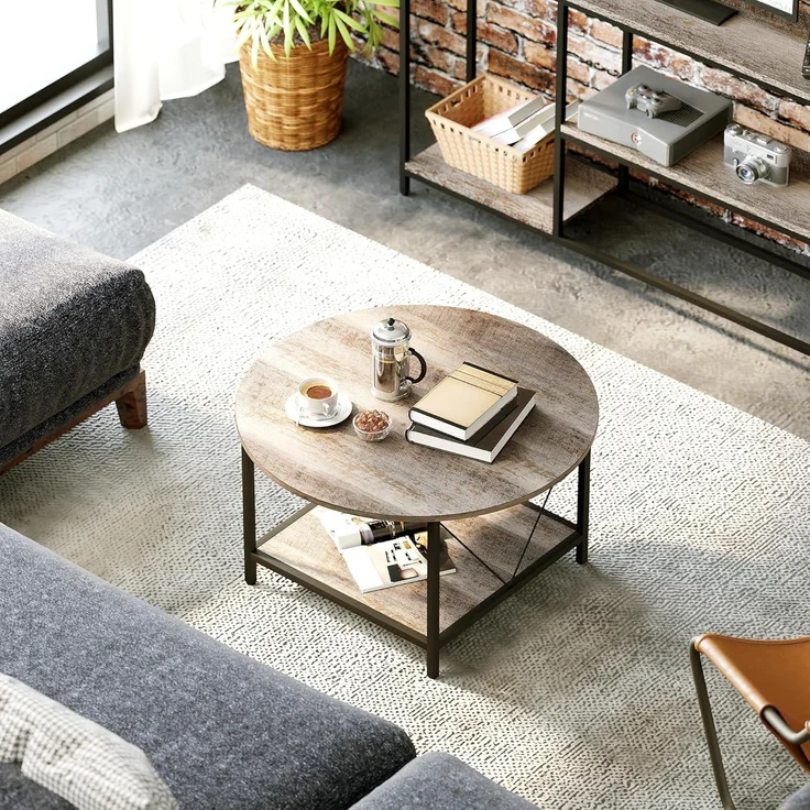 YITAHOME Couchtisch, Wohnzimmertisch 2-stöckiger, Holz Couchtisch Rund 80X80X46cm, Couchtisch mit Stauraum für Couch Schlafzimmer,Stabiler Metallrahmen – Bild 6
