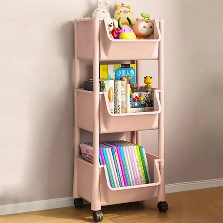 Shally Dogan Mehrzweckwagen für Zeitschriften und Spiele, platzsparend, mit 360° drehbaren Rädern, schmal, mit 3 Ablagen, ideal für Bücher, Zeitschriften, Spielzeug (Rosa)