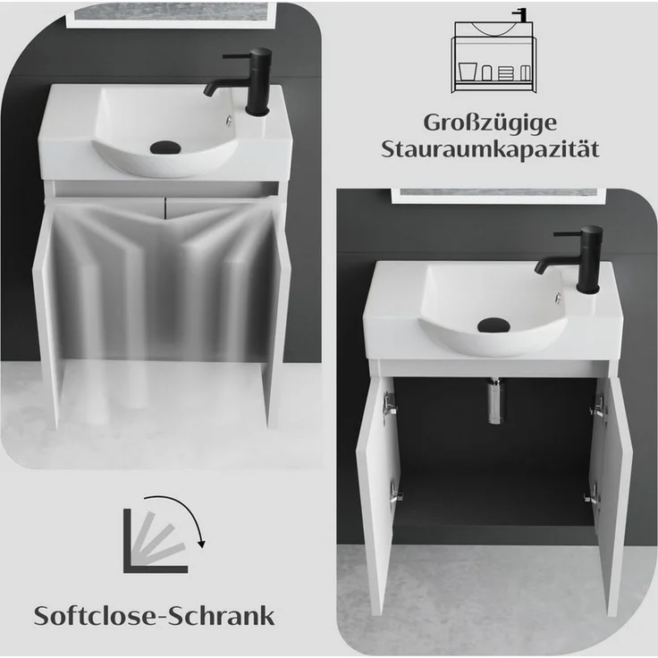 Alpenberger Badmöbel-Set mit Spiegel - Waschtisch mit Unterschrank + Badspiegel mit Beleuchtung, (Badezimmerschrank mit Waschbecken, 3-tlg. Badezimmermöbel), Waschbeckenunterschrank - Weiss Glänzend – Bild 3